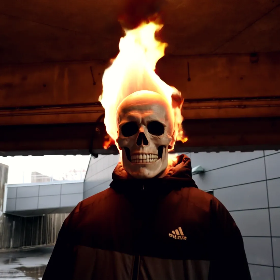 Rainy Day cover: a flaming skull in a hoodie under a concrete bridge